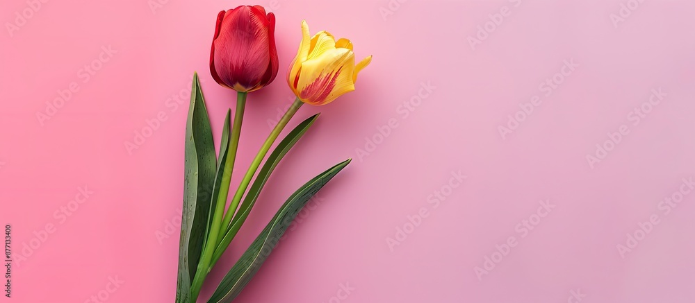 Aufkleber spring flowers art with a creative layout featuring red and yellow tulip on a gradient pink backgrou