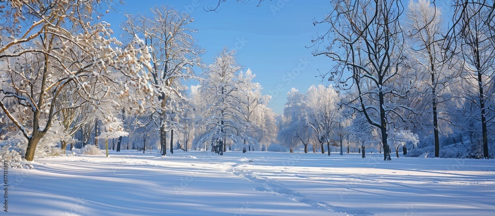 Poster clear winter day in the park with snow-covered trees, ideal for a copy space image.