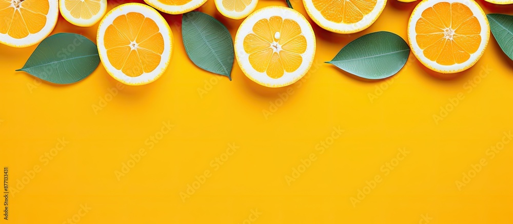 Poster Top view of a creative pop art design featuring fresh orange slices on a yellow backdrop with copy space image. Displaying half a citrus fruit in a minimal flat lay style, embodying a vibrant summer