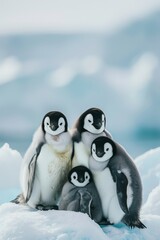  A cluster of penguins assembled on a snow mound, near a waterbody