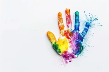 Gordijnen rainbow color hand print on white background, abstract art concept © Igor
