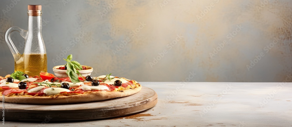 Poster pizza margarita on a plate over a light textured background with copy space image.