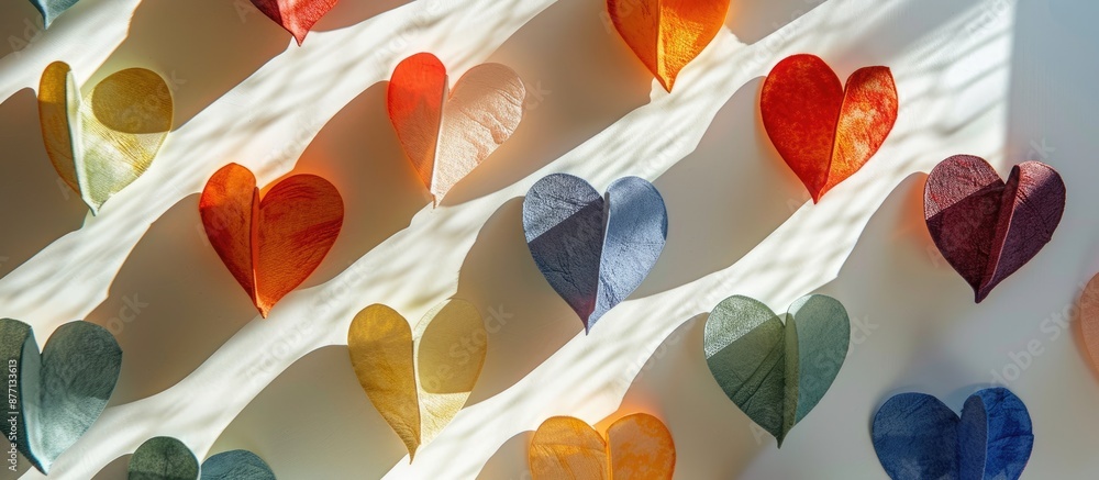Poster colorful heart shapes crafted from textured velvet paper against a white backdrop with alternating p