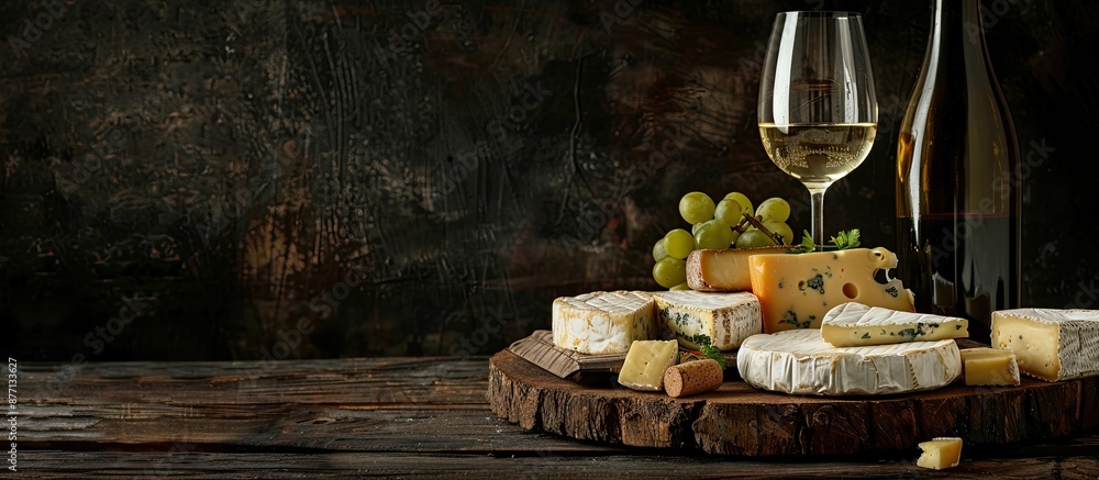 Poster an assortment of cheeses and white wine displayed on a wooden board against a dark backdrop, complem