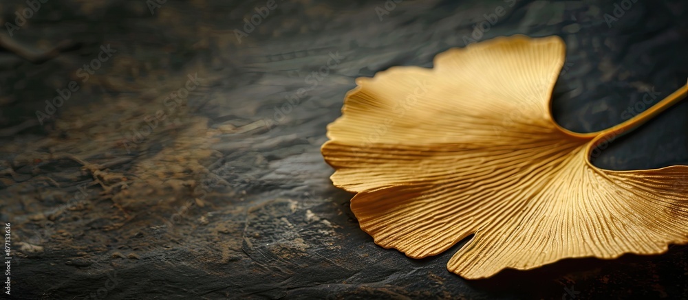 Aufkleber Close-up of an elegant golden ginkgo leaf on a dark background, suitable for a design project that includes copy space image.