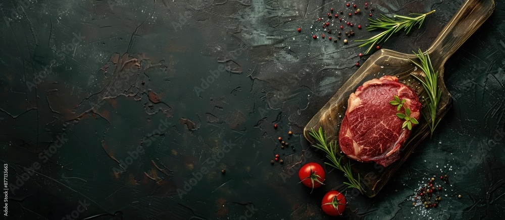Aufkleber Top view of cooking a steak on a dark background with copy space image.