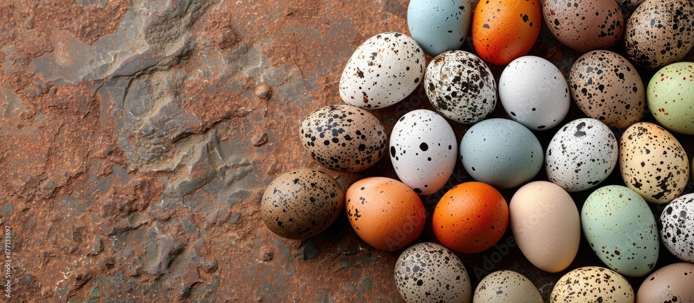 Poster Brown background showcases creative quail egg pattern with vibrant Easter concept. Colorful eggs on display with copy space image for a unique and healthy breakfast presentation.