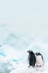 Obraz premium Two penguins stand together on a snow-capped hill overlooking a body of water