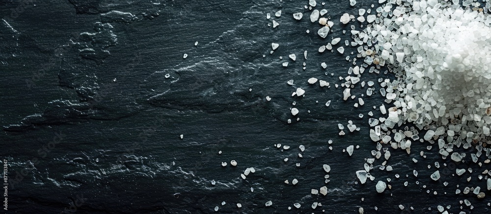 Poster sea salt grains sprinkled on a dark surface with ample copy space image.