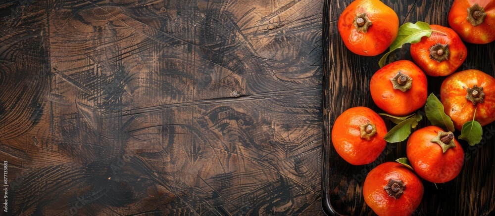 Aufkleber top view of ripe persimmons fruit on a dark wooden board with copy space image.
