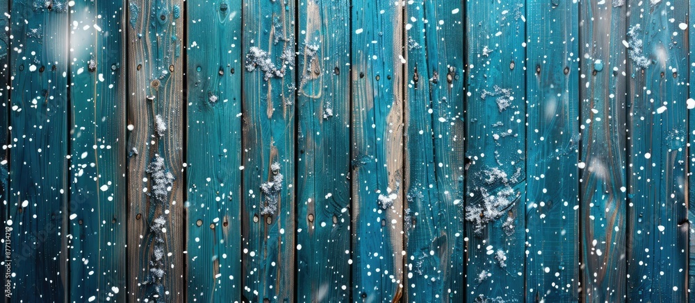 Poster christmas-themed background featuring blue wooden texture with snow, ideal for adding text or images