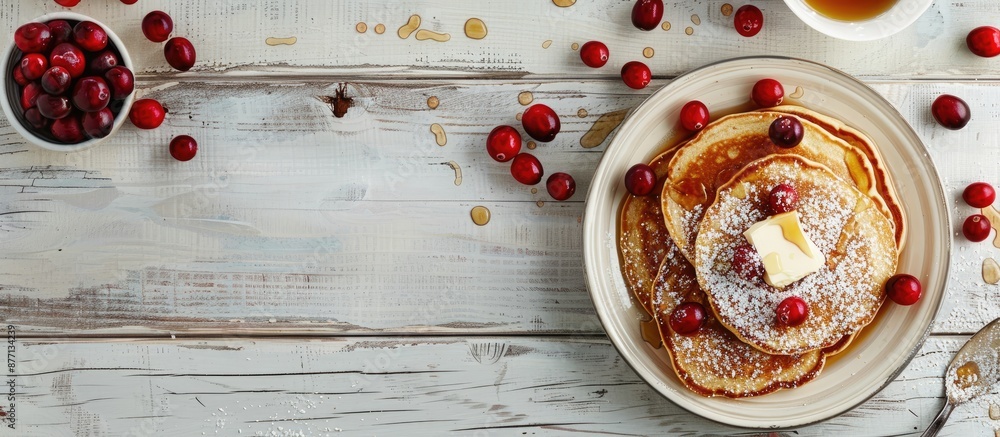 Poster A flat lay of cereal pancakes with cranberries and butter on a white wooden table, providing room for a text message in the copy space image.