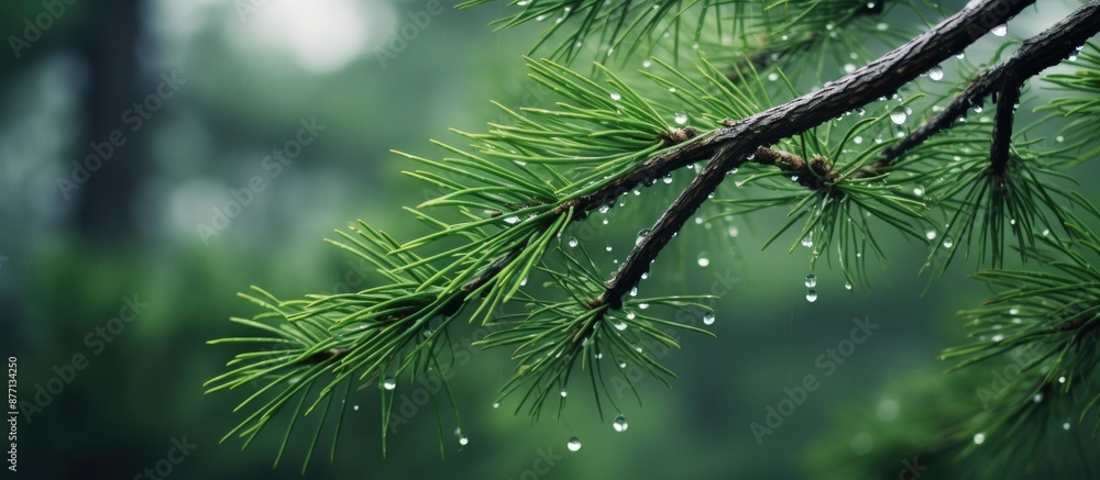 Poster pine tree with raindrop-covered needles in a serene forest setting, perfect for a copy space image.