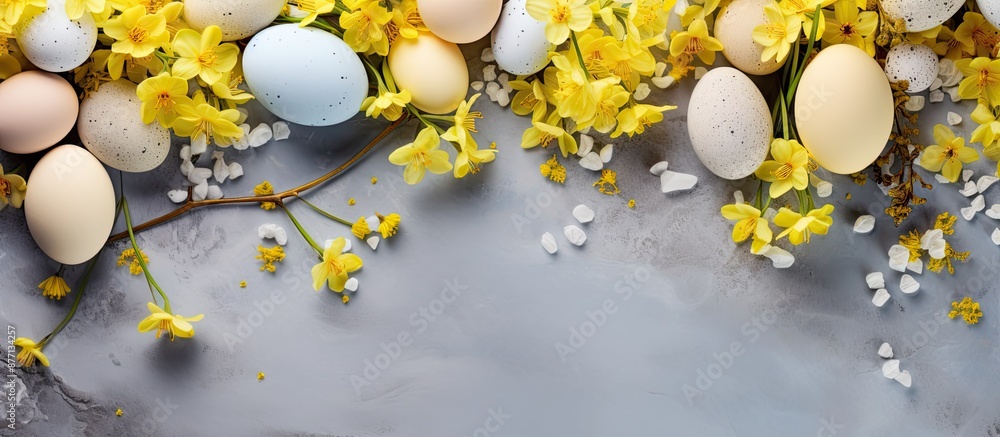 Poster easter-themed backdrop with yellow hues displaying spring blooms, ornate eggs. top-down view allows 