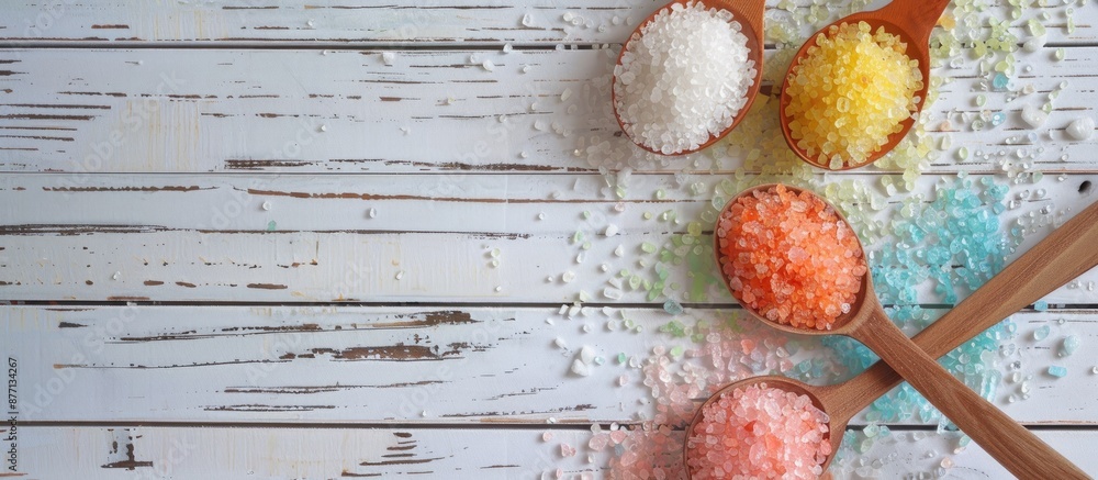 Poster a white wooden surface with sea salt on two spoons and colorful soap is pictured from above, providi