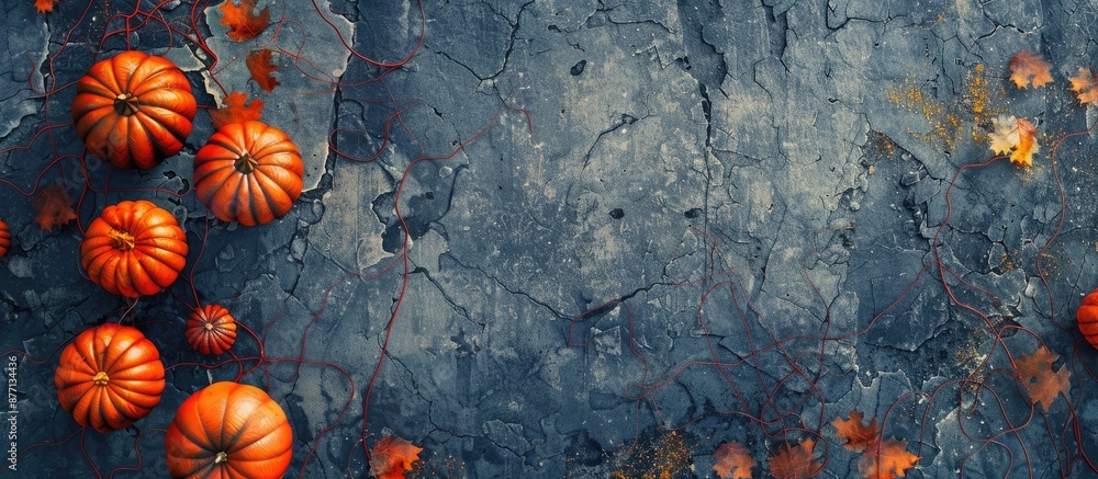 Poster a halloween-themed background with pumpkins on a stone surface seen from above, featuring a blank ar