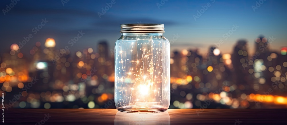 Poster Glass jar filled with sparklers against a blurry cityscape background providing ample copy space image.
