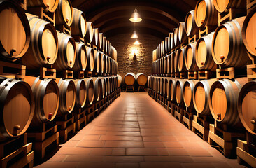 Vintage oak barrels filled with aging red wine, glowing under dim cellar lights in a rustic wine bar