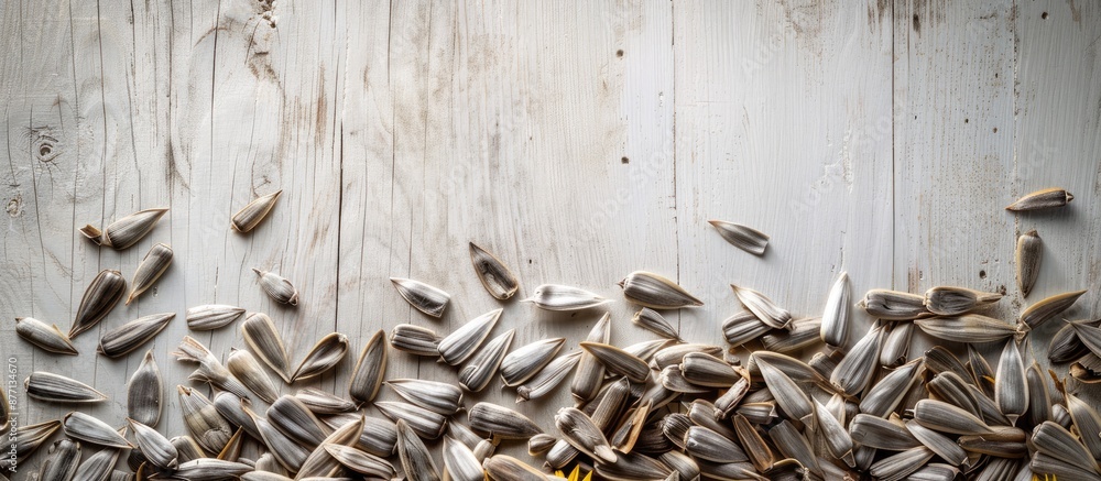 Poster sunflower seeds arranged on bamboo with a white wooden table providing ample copy space image.