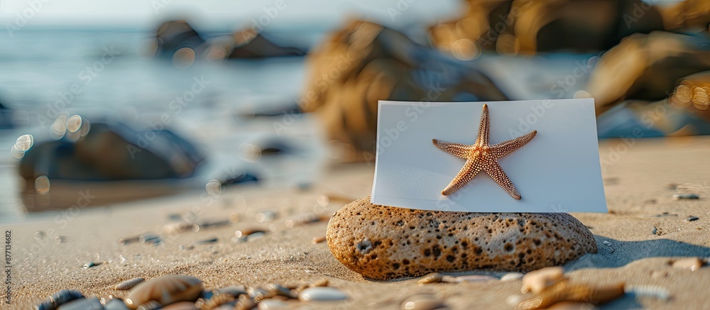 Aufkleber a blank sheet of paper rests on sandy beach, next to a stone featuring a small seastar, creating a s