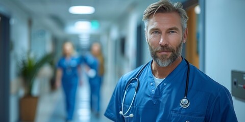 Obraz premium Medical Staff in Hospital Corridors and Laboratories Medical Team Collaboration: Inside the Hospital Environment