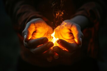 Close-up shot of hands holding a glowing flame in darkness. Conceptual image representing power, energy, and warmth. Perfect for use in storytelling, fantasy, or mystical themes. Generative AI