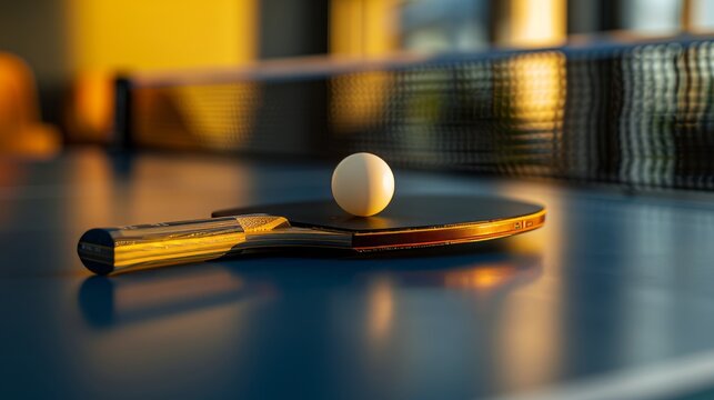 Table tennis paddle and ball on a blue ping pong table