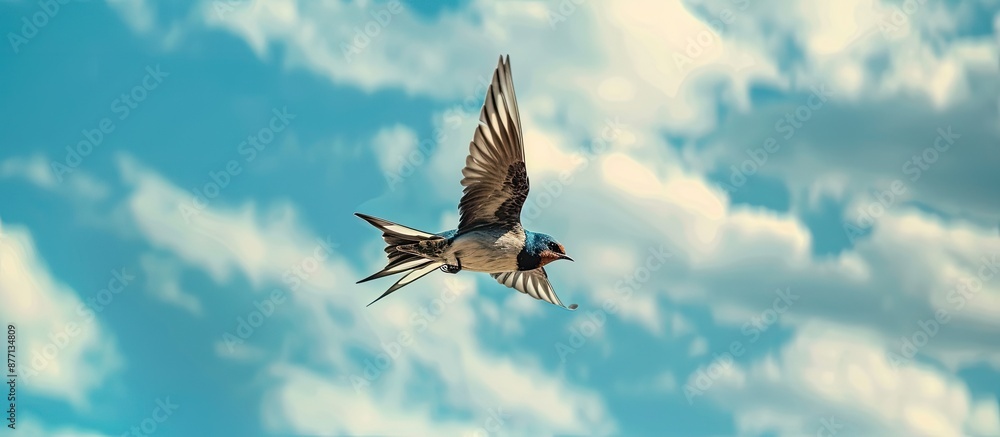 Aufkleber A swallow soars against a blue sky backdrop with fluffy white clouds, creating a serene ambiance in the copy space image.