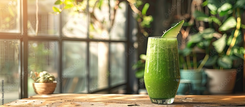 Aufkleber glass of freshly blended green melon smoothie on wooden table near window with copy space image.