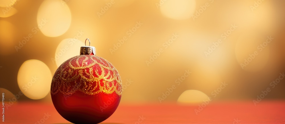 Poster Close-up view of a red Christmas ornament against a golden backdrop with copy space image available.