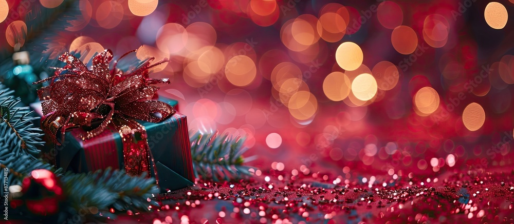 Poster vibrant bokeh with a festive red christmas backdrop featuring gifts and a green fir branch, perfect 