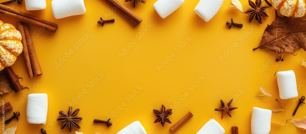Aufkleber autumn-themed arrangement with cinnamon, marshmallows, anise, on a yellow backdrop, creating a festi