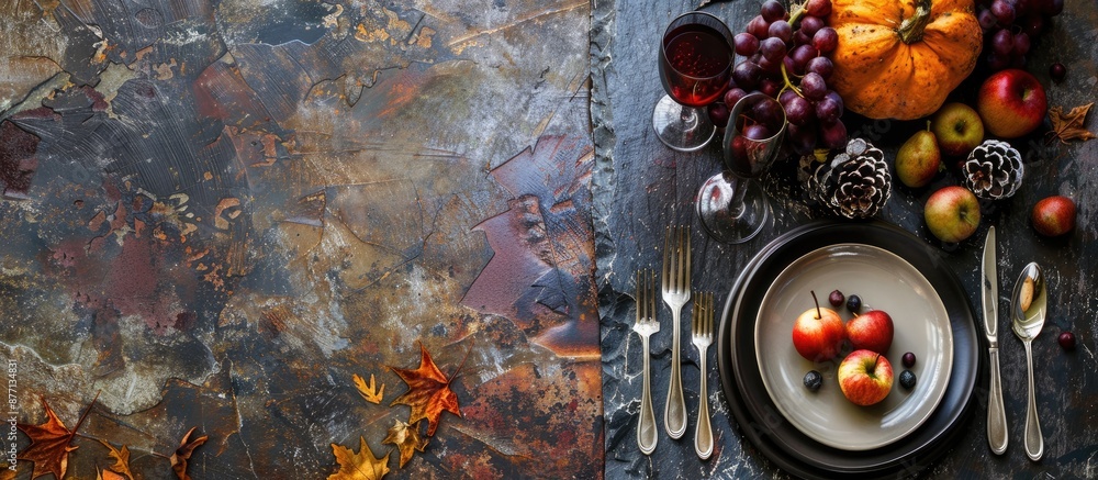 Fototapete Thanksgiving or autumn harvest table setting on a rustic table with a stone or slate surface, providing a warm and inviting display with a copy space image.