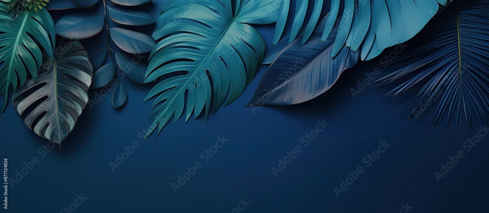 Poster tropical leaves in blue shade on a space background for abstract leaf decoration design on a cover t