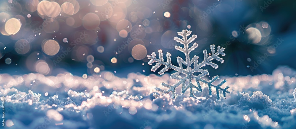 Poster Snowfall depicted with a snowflake ornament in a snowy setting, with copy space image.