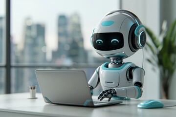 Futuristic Robot with Headphones Using Laptop in Office with Cityscape Backdrop