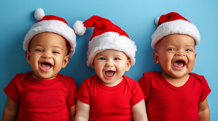  happy multiethnic babies weraing santa hat and red t-shirts smiling and laughing on a blue background with copy space, panoramic banner for christmas advertising or concept design, copy space