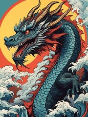Fototapeta premium Japanese Dragon Pop Art Style generative AI illustration