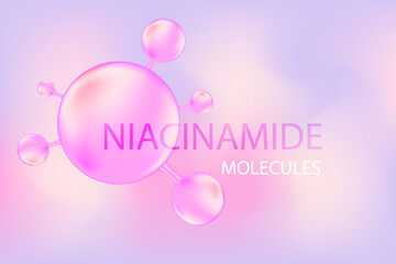Aesthetic purple niacinamide molecule background, beauty molecule wallpaper, moisturizer serum, toner or cream gel chemical formula. Beauty treatment nutrition skincare backdrop with copy space. Scien