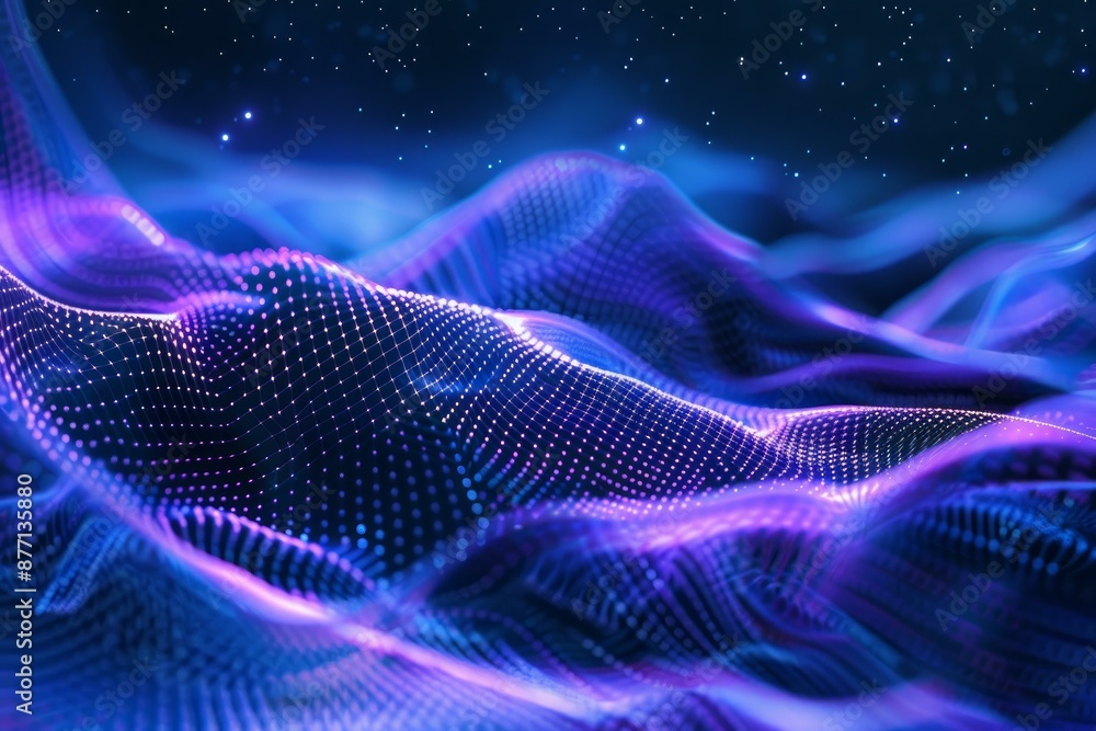 Poster vivid 3d render of dynamic digital waves in a neon light matrix against a starry backdrop