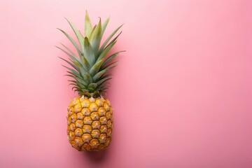 Close-up of pineapples sitting on a bright pink surface with soft sunlight casting shadows. Bright pop up background with fruits and place for text for splash screen, banner, advertising