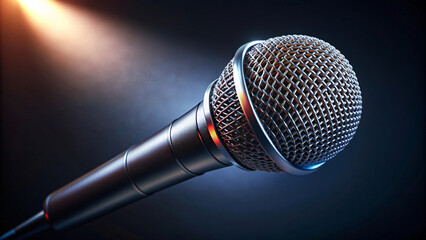 A chrome mic awaits a singer's voice on a darkened concert stage