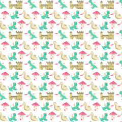 Cute childrens dragons pattern with fairy funny character. Childish seamless background with fantasy animal and house or castle. Kids nursery, boys design. Cute magic creatures endless print.