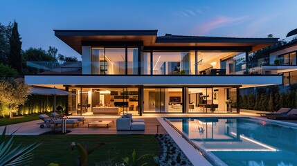 Obraz premium Elegant Modern Dining Room with Nighttime Ambiance and Outdoor Views