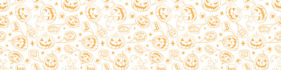 Vector Seamless pattern with pumpkins, Jack o Lantern. Halloween backgrounds and textures in flat doodle style, isolated.