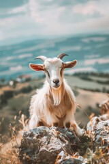 Obraz premium Goat atop rocky hill overlooking body of water Sky in background