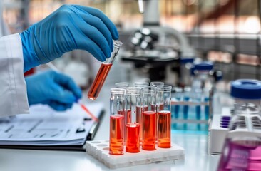 close up of doctor hand in blue gloves holding test tube with red liquid, laboratory tubes and notebook on white table
