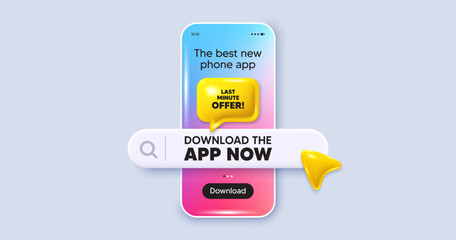 Last minute offer tag. Phone mockup screen. Download the app now. Special price deal sign. Advertising discounts symbol. Phone download app search bar. Last minute offer text message. Vector