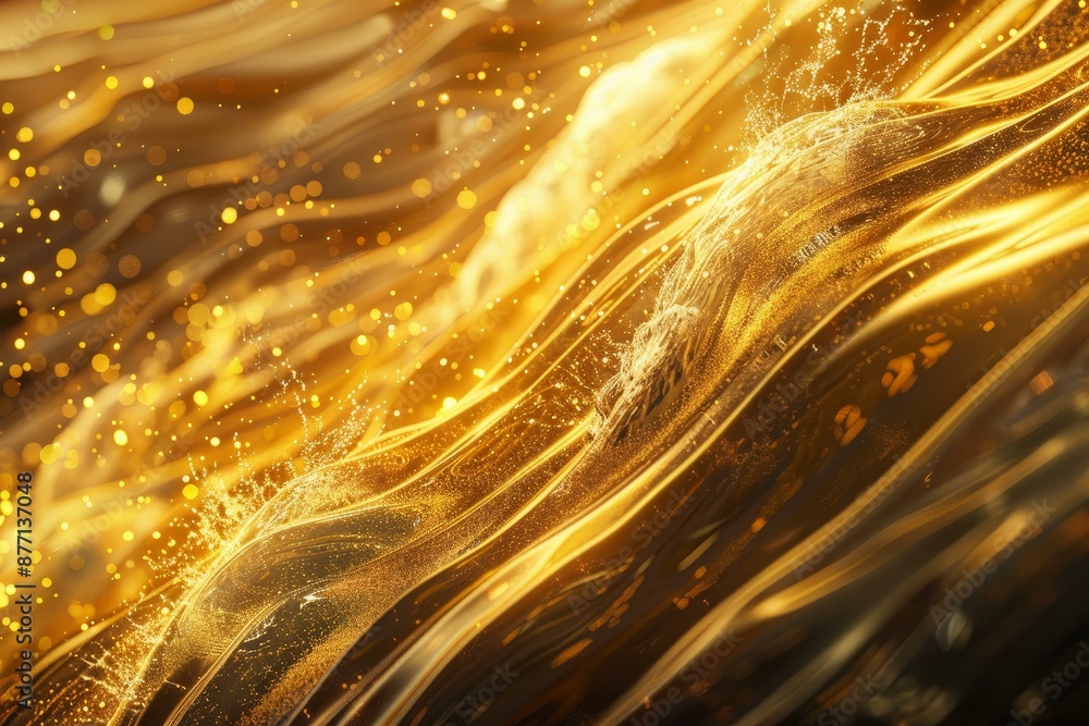 Poster dynamic and elegant golden waves abstract background with sparkling particles and luxury gold and bl