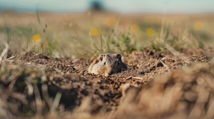  A small rodent emerges from a hole in the ground, situated in a sprawling field
